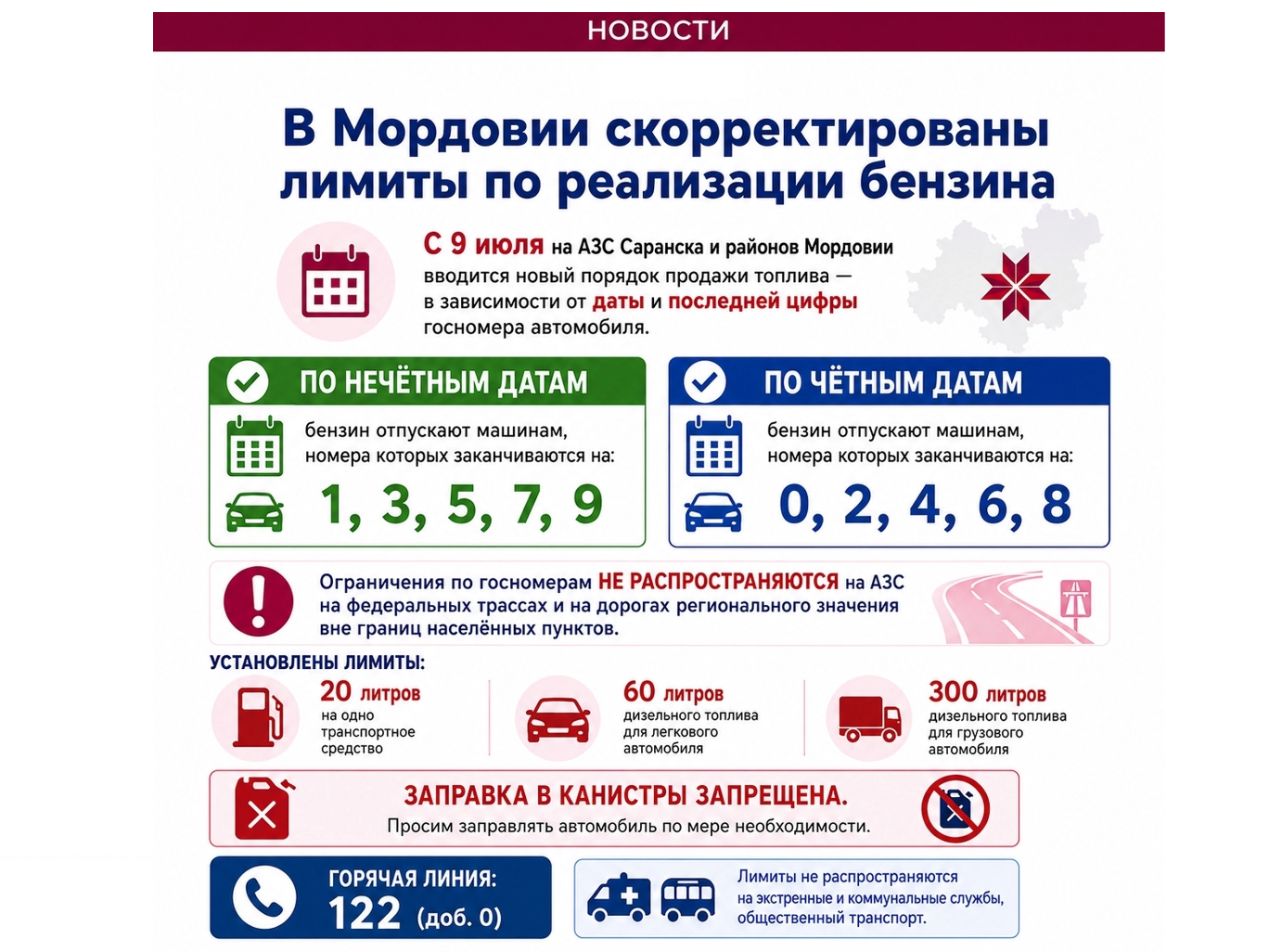 Важная информация от Оперштаба Мордовии: в республике скорректированы лимиты на отпуск бензина.